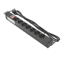 Блок PDU TERACOM 19дюйм 1U 16А/250В 7 роз. Schuko с выключат. шнур 2м 3х1.5кв.мм вилка Schuko корпус пластик черн. EKF TRC-HPD-LS-16A-7SH-2MSH